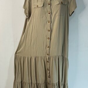 NY Collection Khaki Button-Front Tiered Maxi Dress